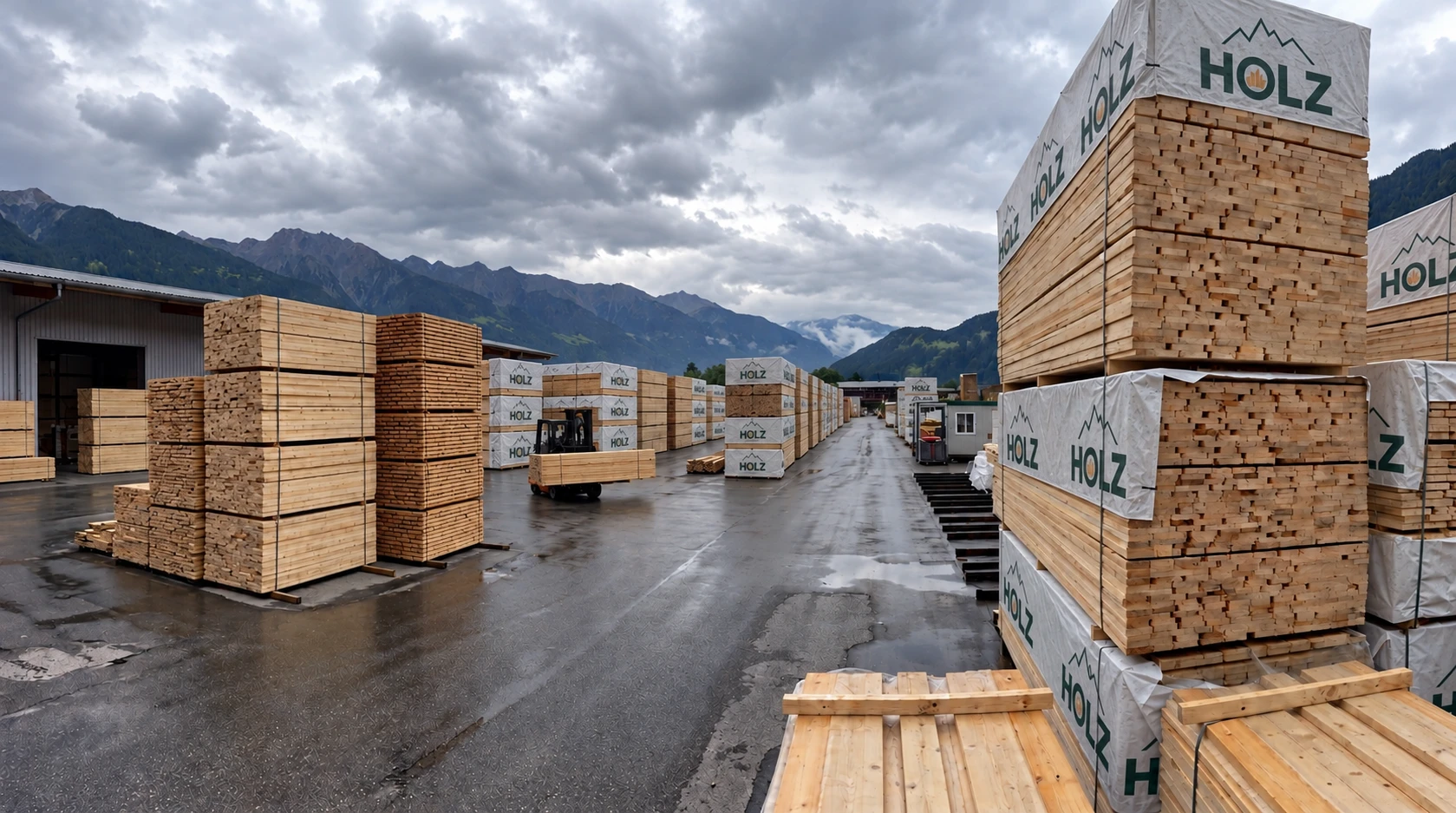 Piazzale con pacchi di legname marchiati HOLZ, montagne sullo sfondo